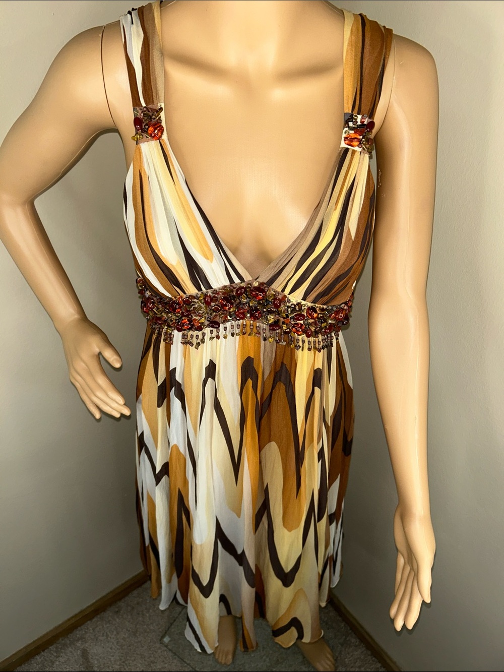 BCBGMaxAzria Brown, Cream & Tan Beaded Empire Waist Midi Dress